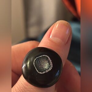 Modernist Statement Ring Black Cabochon Druzy Effect Signed K Adjustable Bold